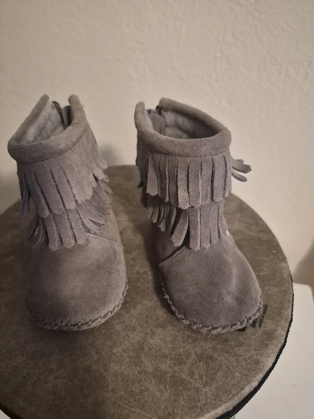 Baby Fringe Suede Booties in Grey